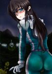  1girl anna_maiya ass black_hair blue_eyes blush breasts eiei_(eizi01) from_behind gelgoog gloves gundam gundam_bonds_of_the_battlefield light_smile long_hair looking_at_viewer looking_back mobile_suit_gundam mole night pilot_suit skin_tight 