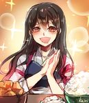  akagi_(kantai_collection) bowl brown_eyes brown_hair drooling food hands_together japanese_clothes kairi_(kai_ri) kantai_collection long_hair muneate open_mouth rice_bowl solo sparkle twitter_username 