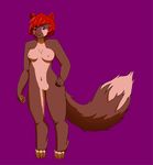  brown_fur female fur hair mushbun purple_eyes pussy red_hair solo 