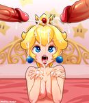  2boys blonde_hair blue_eyes breasts cleavage commentary crown cum cum_in_hands cupping_hands disembodied_penis earrings ejaculation facial hetero jewelry lips long_hair mario_(series) multiple_boys multiple_penises neocoill nipples nude open_mouth penis princess_peach super_mario_bros. uncensored 