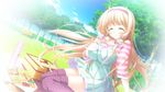  1girl bench blonde_hair eyes_closed food game_cg julia_lin_road long_hair magical_marriage_lunatics!! park picnic picnic_basket solo thermos thighhighs tree twintails yamakaze_ran 