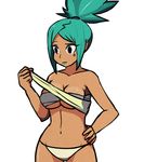  aqua_hair aqua_lipstick bad_id bad_tumblr_id breasts budget_sarashi cerebella_(skullgirls) cleavage dark_skin eyeshadow facial_tattoo hand_on_hip high_ponytail large_breasts larroqm lipstick makeup navel panties sarashi short_hair skullgirls solo tattoo underboob underwear underwear_only 