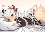  amatsukaze_(kantai_collection) ass bed bed_sheet blush bottomless dress heart kantai_collection long_hair looking_at_viewer lying pillow poin sailor_dress short_dress silver_hair solo sweat two_side_up 