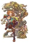 archer_(tree_of_savior) archery bow_(weapon) breasts cleavage fingerless_gloves gloves green_eyes highres large_breasts leg_up looking_at_viewer maggi official_art orange_hair parted_lips ponytail simple_background solo standing standing_on_one_leg teeth tree_of_savior weapon white_background 