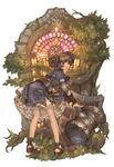  :d ass bent_over blue_dress brown_eyes brown_hair cleric_(tree_of_savior) double_bun dress frilled_dress frills hammer highres leaf long_sleeves looking_back maggi official_art open_mouth plant round_teeth sandals shield smile solo teeth tree tree_of_savior 
