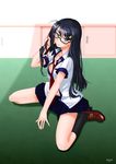  black_hair breasts glasses green_eyes highres long_hair looking_at_viewer medium_breasts nipples okenokoneko original school_uniform solo 