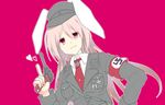  alternate_costume alternate_eye_color alternate_hair_color animal_ears armband bunny_ears gun handgun hat holding holding_gun holding_weapon iron_cross long_hair luger_p08 military military_uniform nazi necktie outline peaked_cap pink_background pink_eyes pink_hair pistol red_neckwear reisen_udongein_inaba shiori_(moechin) simple_background solo strap swastika touhou uniform weapon 