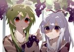  androgynous borrowed_character brown_hair eating food fruit grapes green_hair hair_ribbon hijiri_(resetter) holding jewelry libertas_(nyori) long_hair multiple_boys original otoko_no_ko pendant ponytail ribbon shade short_hair short_hair_with_long_locks silver_hair trance_(hijiri) 