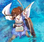  aiming bad_id bad_pixiv_id bow_(weapon) brown_hair commentary_request drawing_bow failure hair_between_eyes highres japanese_clothes kaga_(kantai_collection) kantai_collection long_hair muneate pleated_skirt short_hair side_ponytail skirt solo weapon yakusuke you're_doing_it_wrong 
