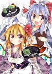  :d alternate_costume alternate_hairstyle apron asymmetrical_hair asymmetrical_wings blonde_hair bow cup eyes_visible_through_hair fang_out flandre_scarlet flower hair_bow hair_flower hair_ornament hand_on_hip japanese_clothes kimono kuzumomo lavender_hair looking_at_viewer maid_apron maid_headdress multiple_girls obi open_mouth print_kimono red_eyes remilia_scarlet sash short_hair short_kimono short_ponytail siblings side_ponytail sisters smile touhou wa_maid wide_sleeves wings yunomi 