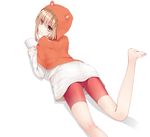  animal_hood ass barefoot bike_shorts book brown_eyes brown_hair casual doma_umaru himouto!_umaru-chan hood leg_up looking_at_viewer lying on_stomach simple_background smile solo uttt white_background 