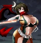  belt breasts brown_eyes brown_hair cosplay energy_sword highres hiryuu_(kantai_collection) kantai_collection large_breasts namesake ninja one_side_up plasma scarf science_fiction short_hair solo strider_(video_game) strider_hiryuu strider_hiryuu_(cosplay) sword tonfa torii5011 weapon 