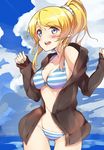  ayase_eli bikini blonde_hair blue_eyes highres jacket long_hair love_live! love_live!_school_idol_project open_clothes open_jacket ponytail solo striped striped_bikini swimsuit ytk_(yutta-p) 