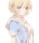  bangs blonde_hair blue_eyes blush eyebrows_visible_through_hair from_side hair_between_eyes hiro_(hirohiro31) hood hood_down looking_at_viewer looking_to_the_side original parted_lips short_hair short_sleeves simple_background sketch solo upper_body white_background 
