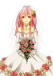  bare_shoulders blush bouquet breasts bridal_veil bride cleavage crying crying_with_eyes_open detached_sleeves dress elbow_gloves flower gloves guilty_crown hair_ornament happy_tears highres long_hair looking_at_viewer medium_breasts minka pink_hair red_eyes smile solo tears veil veil_lift wedding_dress yuzuriha_inori 