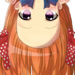  blush bow forehead gekkan_shoujo_nozaki-kun hair_bow highres looking_at_viewer orange_hair pentagon_(railgun_ky1206) polka_dot polka_dot_bow purple_eyes sakura_chiyo solo upside-down 