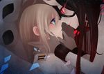  battleship_hime black_hair blonde_hair blue_eyes commentary face-to-face female_admiral_(kantai_collection) glowing glowing_eyes hands_on_another's_face hinagi_(fox_priest) horns imminent_kiss kantai_collection long_hair military military_uniform multiple_girls naval_uniform pale_skin red_eyes shinkaisei-kan uniform yuri 