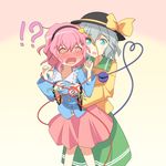  2girls @_@ black_hat blouse blue_eyes blush bow cato_(monocatienus) d: ear_blush flat_chest flat_chest_grab frilled_shirt_collar frills full-face_blush grabbing grabbing_from_behind groping hat hat_bow heart heart_of_string komeiji_koishi komeiji_satori long_sleeves messy_hair multiple_girls open_mouth pink_hair pink_skirt short_hair siblings silver_hair sisters skirt sun_hat third_eye touhou wavy_mouth 