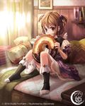  bed brown_hair couch curtains dawkinsia dessert dress eating food full_body indoors looking_at_viewer original pillow puffy_short_sleeves puffy_sleeves purple_dress purple_eyes short_hair short_sleeves short_twintails sitting smile socks solo sunlight twintails 