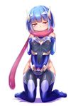  :&lt; adapted_costume blue_hair bodysuit breast_suppress breasts cosplay covered_nipples gen_6_pokemon gloves greninja hair_ornament highres kneeling looking_at_viewer ninja personification poke_ball pokemon red_eyes satou_kuuki scarf short_hair small_breasts solo taimanin_(series) taimanin_asagi taimanin_suit 