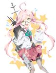  ahoge arishiki bow bowtie double_bun glasses kantai_collection long_hair looking_at_viewer machinery makigumo_(kantai_collection) open_mouth pink_hair pleated_skirt school_uniform skirt sleeves_past_wrists solo twintails yellow_eyes 