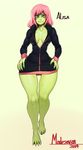  2014 bottomless breasts cleavage clothed clothing female green_skin hair looking_at_viewer modeseven pink_hair plain_background solo unknown_species wide_hips 