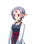  bell blush choker disgaea hair_ornament hairclip harada_takehito makai_senki_disgaea_2 mama_(disgaea) official_art pointy_ears purple_hair red_eyes short_hair smile solo third_eye white_background 