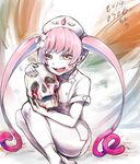  bad_id bad_pixiv_id blood blood_on_face blush borrowed_character bottomless buttons ebola-chan fang flower hair_flower hair_ornament hat holding legs_together long_hair nurse nurse_cap open_mouth original pale_skin personification pink_hair pointy_ears roro_(qualitynine) short_sleeves sitting skull socks solo twintails very_long_hair white_skin yellow_eyes 
