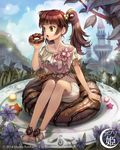  appli_hime artist_name brown_hair castle cloud company_name copyright_name dawkinsia day dessert doughnut eating flower food food_themed_ornament full_body green_eyes in_food long_hair official_art open_mouth outdoors oversized_object plate sandals sitting skirt sky solo twintails 
