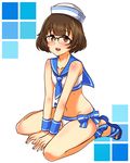  akizuki_ryou antenna_hair bare_shoulders bikini blush brown_eyes brown_hair crossdressing dixie_cup_hat glasses hat idolmaster idolmaster_dearly_stars looking_at_viewer male_focus midriff military_hat navel open_mouth otoko_no_ko sailor_bikini sailor_collar sailor_hat sailor_swimsuit_(idolmaster) sandals seta_makoto short_hair smile solo swimsuit wristband 