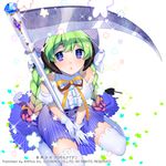  bad_id bad_pixiv_id braid gradient_hair green_hair hat hen-shin-shou-jo_metamol_maiden holding long_hair looking_at_viewer multicolored_hair official_art original parted_lips purple_eyes scythe simple_background sitting solo thighhighs twin_braids twintails white_background yuuhi_homare zettai_ryouiki 