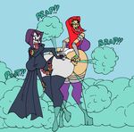  big_breasts big_butt breasts butt clothed clothing dc_comics english_text eyes_closed fart female gas hair huge_breasts huge_butt human hyper hyper_breasts long_hair mammal raven_(teen_titans) starfire teen_titans text 