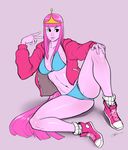  adventure_time bangs bikini bikini_under_clothes black_eyes blunt_bangs breasts converse full_body gem hand_on_own_knee hood hood_down hoodie huge_breasts izra lips long_hair loose_socks navel nose open_clothes open_hoodie parted_lips pink_hair pink_skin princess_bonnibel_bubblegum shoes sideboob simple_background sitting sneakers socks solo spread_legs swimsuit swimsuit_under_clothes thighs tiara v very_long_hair 