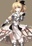  ahoge armor armored_dress artoria_pendragon_(all) bare_shoulders blonde_hair dress fate/stay_night fate/unlimited_codes fate_(series) gauntlets green_eyes outstretched_arm saber saber_lily solo zen_o 