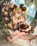  :o bare_shoulders barefoot beach blonde_hair bow bracelet dawkinsia day dessert dress food hair_bow hair_ribbon hammock horizon jewelry long_hair looking_at_viewer ocean original outdoors palm_tree parted_lips plant red_eyes ribbon sand sky sleeveless solo teeth tree twintails water 