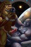  2014 alien balls bound chained collar cureboltium duo erection gorilla grope handcuffs krogan male mammal mass_effect muscles nipples open_mouth pecs penis primate shackles space stars uncut video_games 