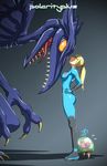  alien blonde_hair blue_eyes bodysuit breasts daniel_macgregor faceoff flying_sweatdrops from_side hands_on_hips height_difference hiding long_hair looking_down looking_up md5_mismatch medium_breasts metroid metroid_(creature) orange_eyes out_of_frame ponytail ridley samus_aran size_difference skin_tight standing yellow_sclera zero_suit 
