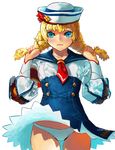  blonde_hair blue_eyes blush braid dixie_cup_hat hat highres military_hat monster_hunter monster_hunter_3_g panties quest_receptionist_(monster_hunter_3_ultimate) sailor sailor_collar sailor_hat solo twin_braids underwear white_panties william_chacha 