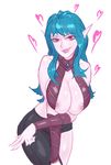 bare_shoulders blue_hair breasts heart hips huge_breasts lips long_hair looking_at_viewer nipples pointy_ears samiri simple_background smile solo thighs white_background 
