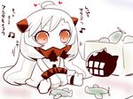  ahoge ahoge_wag aircraft airplane beamed_eighth_notes chibi comic covered_mouth dress eighth_note expressive_hair heart horns kantai_collection long_hair mittens musical_note northern_ocean_hime red_eyes sako_(bosscoffee) shinkaisei-kan sitting solo translated white_dress white_hair white_skin 