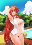  1girl absurdres ahoge areola_slip areolae armpits blue_eyes blush breasts cameltoe curvy high_school_dxd highres large_breasts long_hair navel nipple_slip nipples open_clothes open_mouth panties pointy_breasts pool puffy_nipples red_hair rias_gremory smile solo standing stormcow tongue underwear very_long_hair 