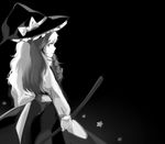  akiyoku apron back black_background bow braid broom expressionless greyscale hat kirisame_marisa long_hair looking_at_viewer monochrome solo star touhou witch witch_hat 