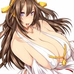  blush breasts brown_hair cleavage gigantic_breasts kantai_collection kongou_(kantai_collection) long_hair looking_at_viewer open_mouth purple_eyes smile solo tsukasawa_takamatsu 