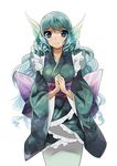  blue_eyes blue_hair curly_hair dress fins frilled_dress frills hands_clasped japanese_clothes kimono long_hair long_sleeves looking_at_viewer mermaid monster_girl no-kan obi own_hands_together sash smile solo touhou wakasagihime 
