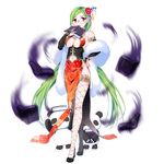  bad_id bad_pixiv_id book breasts cleavage full_body green_hair hair_ornament hair_stick highres holding holding_book large_breasts long_hair looking_at_viewer navel official_art original panda red_eyes sengoku_slayer simple_background solo standing white_background yuuhi_homare 