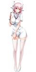 blush breast_squeeze breasts full_body hat headphones highres holding large_breasts long_hair looking_at_viewer nitroplus nurse nurse_cap open_mouth panties pink_eyes pink_hair smile solo stethoscope super_sonico thighhighs transparent_background underwear v-mag white_legwear white_panties 