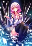  bare_shoulders black_legwear blush breasts cleavage crystal detached_sleeves guilty_crown hair_ornament hairclip hand_on_own_chest highres long_hair looking_away medium_breasts mikoto_(mio) pink_hair red_eyes solo twintails water yuzuriha_inori 