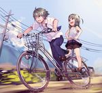  1girl ahoge aozarigani bad_id bad_pixiv_id bicycle bicycle_basket bike_shorts blue_neckwear blue_pants brother_and_sister commentary_request day green_eyes grey_hair ground_vehicle hands_on_hips horizontal_stripes miniskirt motion_blur multiple_riders navel necktie one_eye_closed original outdoors panties pants pantyshot pantyshot_(standing) pleated_skirt power_lines purple_skirt riding road shirt short_hair short_sleeves shorts siblings skirt smile standing striped striped_shirt tank_top underwear vest white_shirt 