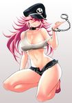  bad_id bad_pixiv_id bare_legs breasts chain choker cuffs final_fight gradient gradient_background grey_background handcuffs hat hiro1984 large_breasts long_hair navel off_shoulder one_eye_closed one_knee peaked_cap pink_eyes pink_hair poison_(final_fight) short_shorts shorts solo tank_top 