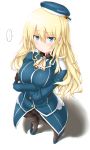  ... 1girl atago_(kantai_collection) beret blonde_hair blue_eyes blue_footwear blue_hat blue_jacket blush breasts crossed_arms dd_(ijigendd) from_above full_body hat highres jacket kantai_collection large_breasts long_hair long_sleeves looking_at_viewer pantyhose pout shadow shoes simple_background solo spoken_ellipsis standing uniform white_background 